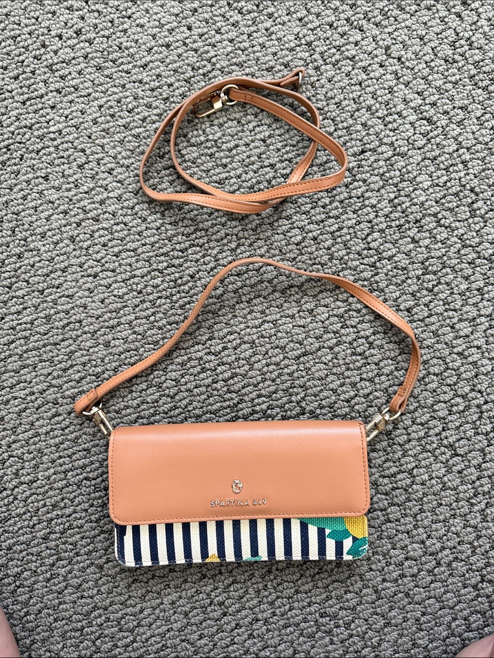 Spartina 449 Tan Leather-Trim Crossbody with Navy Stripe and Teal/Pink Floral - Picture 5 of 5